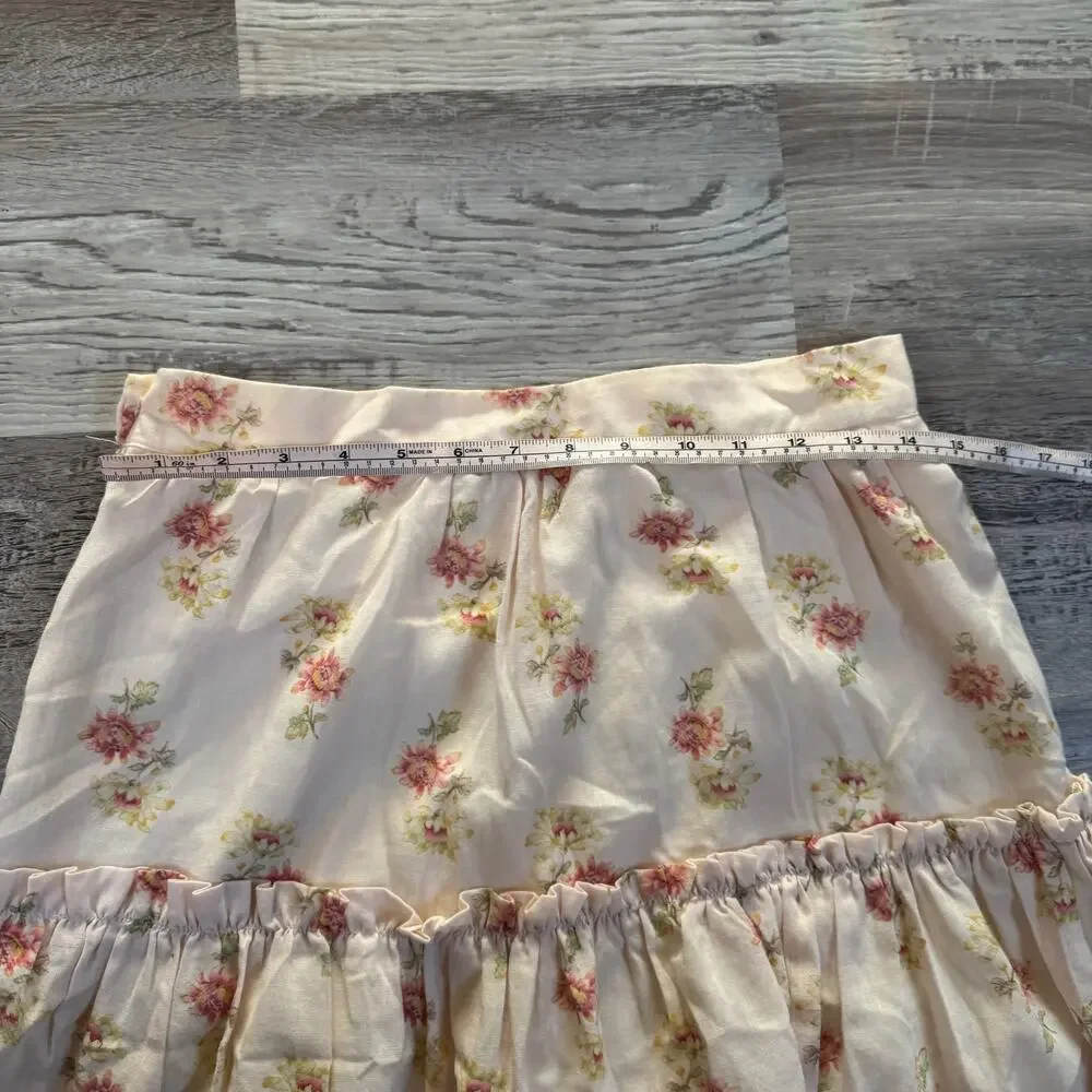 Vintage 90s Pink Floral Tiered Prairie Midi Skirt Cottagecore Coquette Boho S